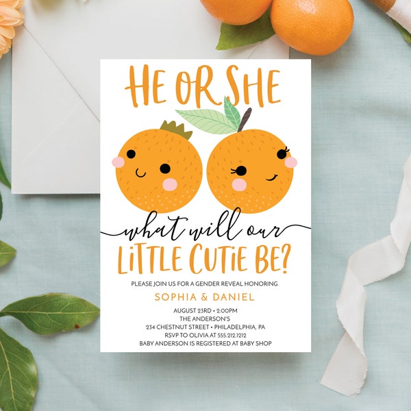 A Little Cutie Gender Reveal Invitation, Gender Reveal Party Invite, Editable Printable, Gender Neutral, Couples Baby Shower, He or She