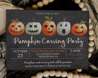 May include: A rectangular invitation card with a dark chalkboard background featuring five illustrated jack-o'-lanterns. The text reads: PLEASE JOIN US FOR A Pumpkin Carving Party, OCTOBER 23, THE FRANKLIN'S HOME, 123 CHESTNUT STREET, PHILADELPHIA, PA, 3:30PM, Pumpkins and carving tools will be provided, KINDLY RESPOND TO JESSICA AT 555.212.1212.