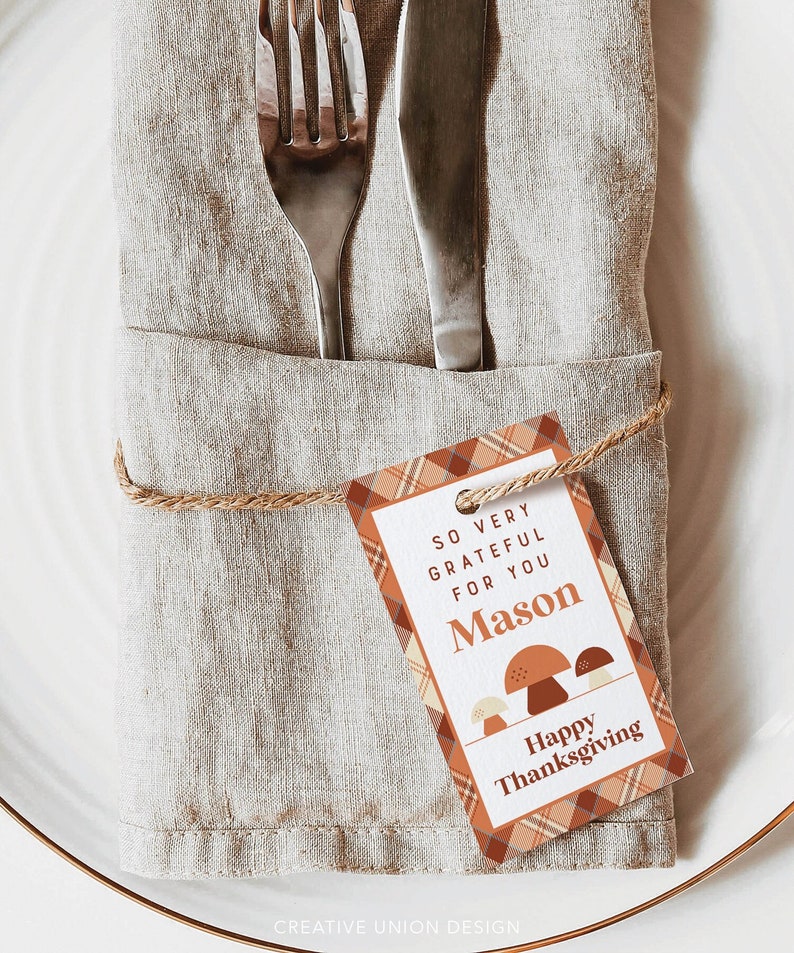 Retro Friendsgiving Favor Tags, So Very Thankful Tags, Give Thanks, Thanksgiving Table Decor, Table Setting, Place Card, Mushroom, Flannel image 1