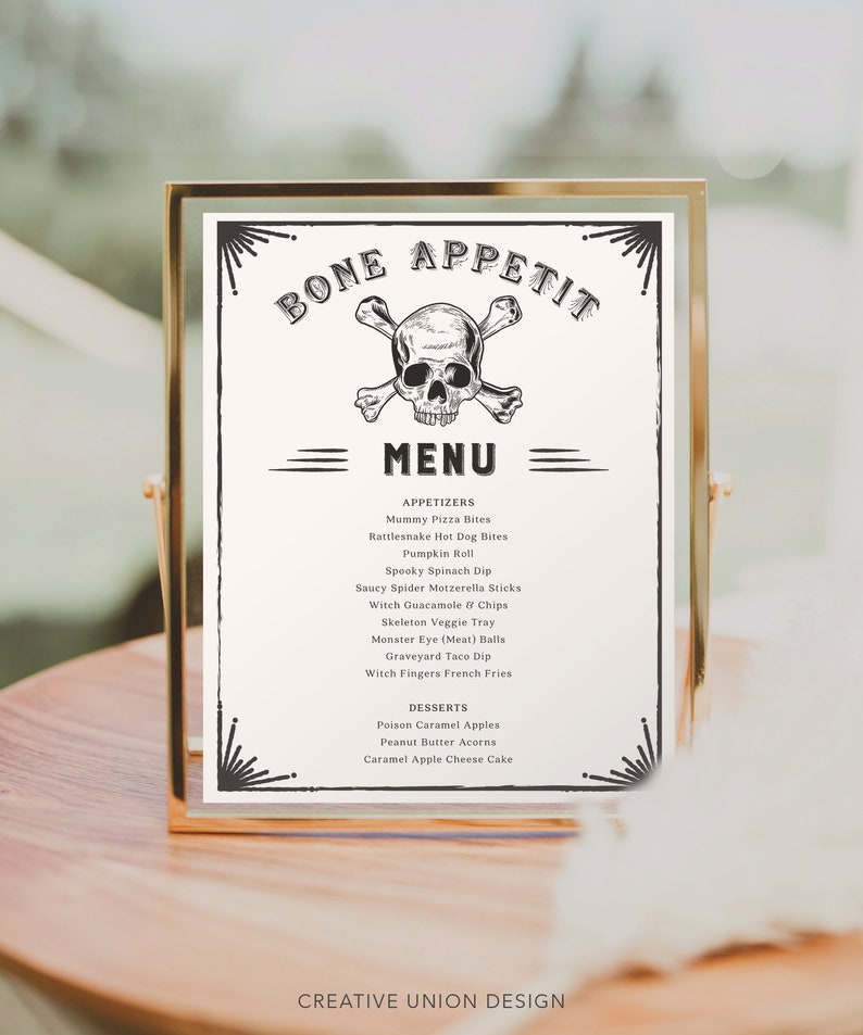 Bone Appetit Menu Sign Template, Printable Halloween Menu Sign, Spooky ...