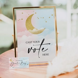 Tarjetas de votación Over The Moon, letrero de votación, plantilla de juego de revelación de género, letrero y tarjetas, decoración de baby shower, imprimible, tarjetas de votación para niña o niño