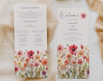 Wildflower Wedding Programs Template, Printable Wedding Program, 4x9 Instant Download, Wedding Ceremony, Flower Stems, Boho Wedding Programs