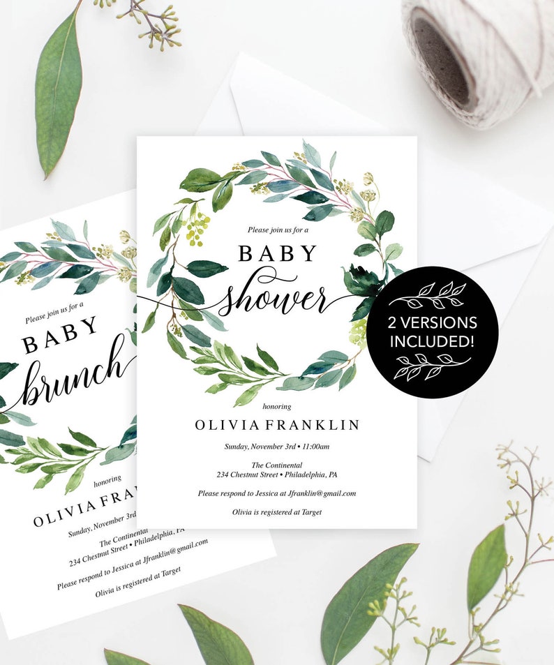 Baby Shower Invitation Baby Brunch Invite Editable Printable Invite Brunch Baby Shower Invites Instant Download Garden Greens image 2