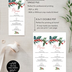 Christmas Menu Holiday Menu Printable Menu Rustic Christmas Table Decor Winter Wedding Menus Instant Download Holly image 5