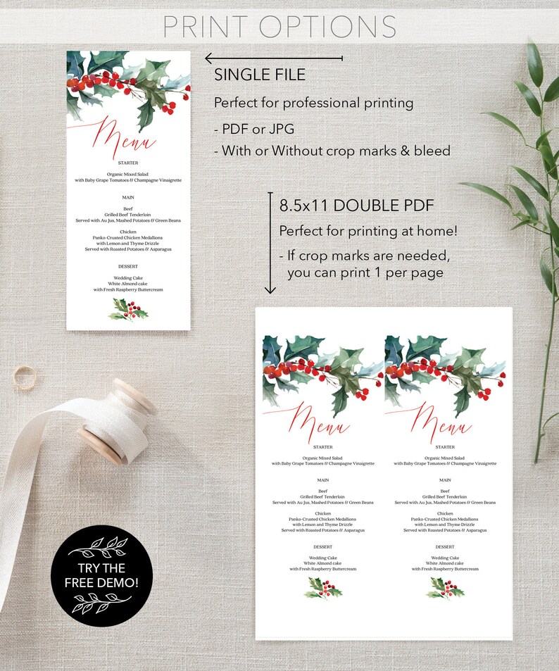 Christmas Menu Holiday Menu Printable Menu Rustic Christmas Table Decor Winter Wedding Menus Instant Download Holly image 5