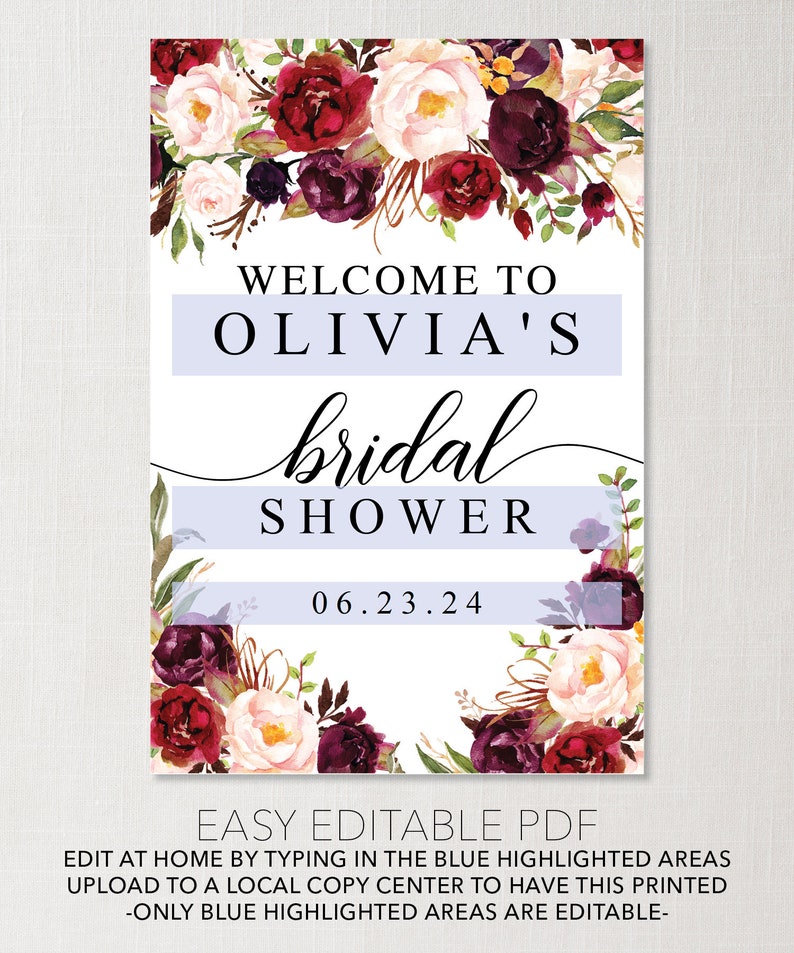 Editable PDF Instant Download Welcome Bridal Shower Burgundy Marsala Fall Bridal Shower Sign Editable Bridal Shower Welcome Sign