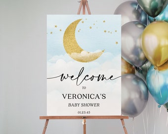 Editable Boy Baby Shower Welcome Sign, Over The Moon Welcome Sign, Baby Shower, Baby Shower Sign, Decor, Template, Celestial, Moon and Stars
