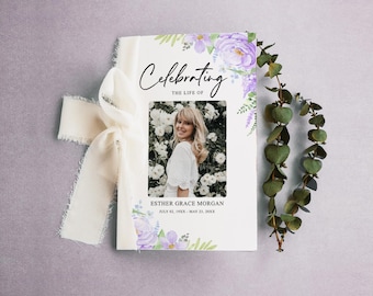 Funeral Program Template for Woman, Soft Purple Petals, Printable Celebration of Life Program, Obituary, Loving Memory, Lavender Floral
