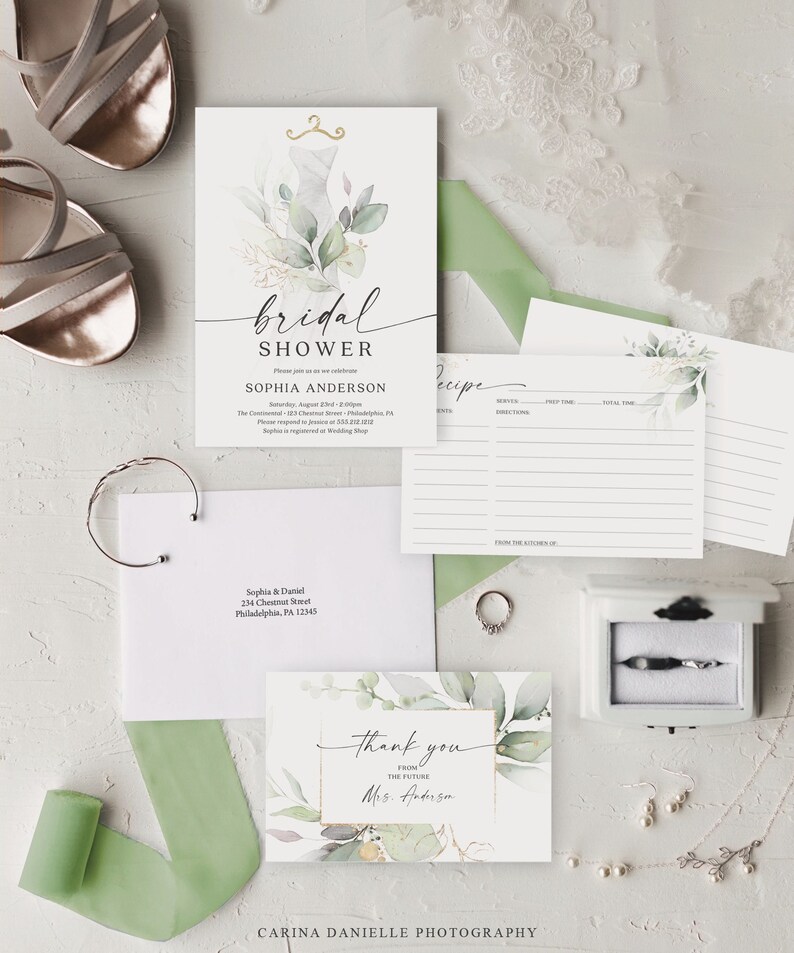 May include: A bridal shower invitation with a watercolor illustration of a dress and greenery. The invitation is for Sophia Anderson and includes the date, time, and location of the shower. The invitation also includes a thank you card with a similar watercolor design.