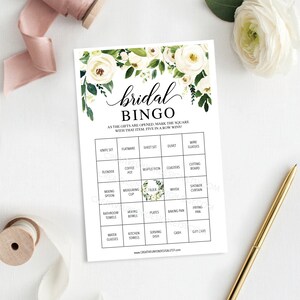 Juego de bingo para despedida de soltera - 60 hojas de juego únicas - Juego de despedida de soltera - Bingo para despedida de soltera - Bingo para despedida de soltera - Descarga instantánea - Rosas blancas
