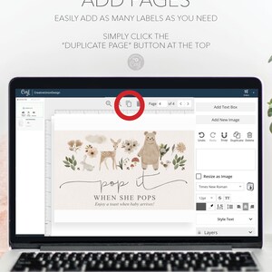 Puede incluir: Una pantalla de ordenador que muestra una plantilla de dise&ntilde;o para una invitaci&oacute;n de baby shower. El dise&ntilde;o presenta un tema adorable de animales del bosque con un oso, un ciervo y un conejo. El texto de la invitaci&oacute;n dice "pop it when she pops" y "Enjoy a toast when baby arrives!"