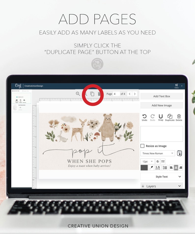 Puede incluir: Una pantalla de ordenador que muestra una plantilla de dise&ntilde;o para una invitaci&oacute;n de baby shower. El dise&ntilde;o presenta un tema adorable de animales del bosque con un oso, un ciervo y un conejo. El texto de la invitaci&oacute;n dice "pop it when she pops" y "Enjoy a toast when baby arrives!"