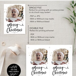 May include: White Christmas card design featuring a baby's photo, the words "Merry Christmas," and the family name. The card has a snowflake border and is available as a single or double file for printing.