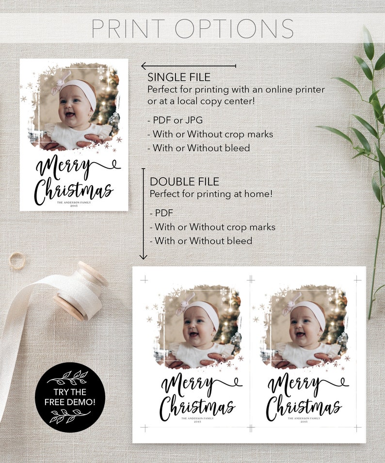 May include: White Christmas card design featuring a baby's photo, the words "Merry Christmas," and the family name. The card has a snowflake border and is available as a single or double file for printing.