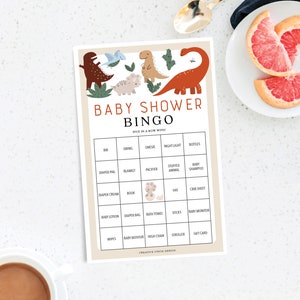 Bingo de chá de bebê de dinossauro fofo, 60 folhas de jogo exclusivas, jogos de chá de bebê, chá de bebê, download, chá de bebê, dinossauro moderno, bebê dinossauro