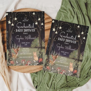 Förtrollad skog, utskrivbar babyshowerinbjudan, redigerbara inbjudningar, pojke eller flicka, nedladdning, skogsdjur, rådjur, kanin, stjärnor, neutral bild 2