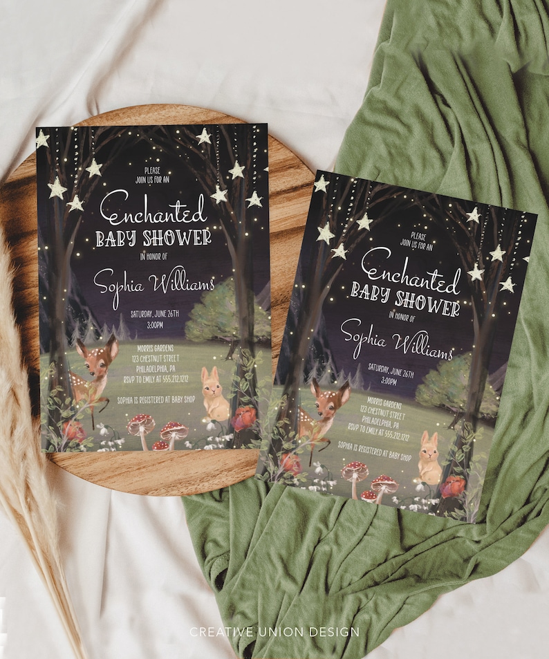 Förtrollad skog, utskrivbar babyshowerinbjudan, redigerbara inbjudningar, pojke eller flicka, nedladdning, skogsdjur, rådjur, kanin, stjärnor, neutral bild 2