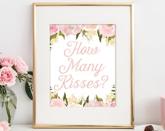 How Many Kisses Game - Pink Peony Bridal Shower Game - Kisses Game - Sign and Cards - Wedding Shower - Bridal Shower Games - Printable