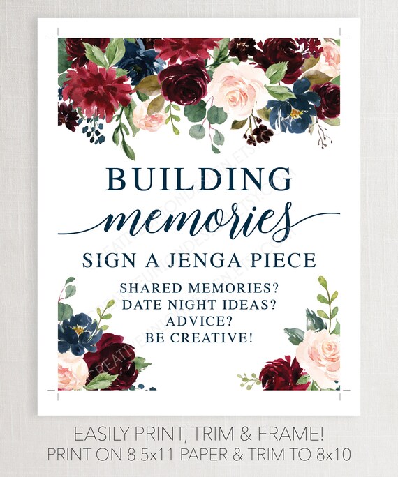 Floral Burgundy and Navy Printable Guestbook Sign Wedding Guest Book Sign Digital File BR028 BA028 Jenga Guestbook Sign WE028