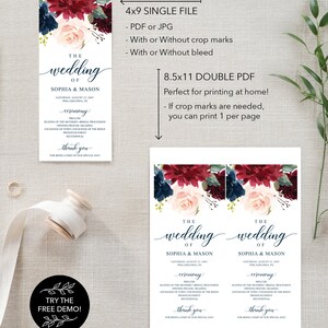 May include: A wedding ceremony program template with a floral design featuring burgundy, blush pink, and navy blue flowers. The text reads "The Wedding of Sophia & Mason" and includes the date, location, and ceremony details. The program also includes a "Thank You" message for guests.