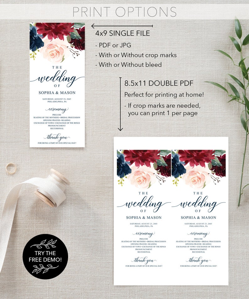 May include: A wedding ceremony program template with a floral design featuring burgundy, blush pink, and navy blue flowers. The text reads "The Wedding of Sophia & Mason" and includes the date, location, and ceremony details. The program also includes a "Thank You" message for guests.
