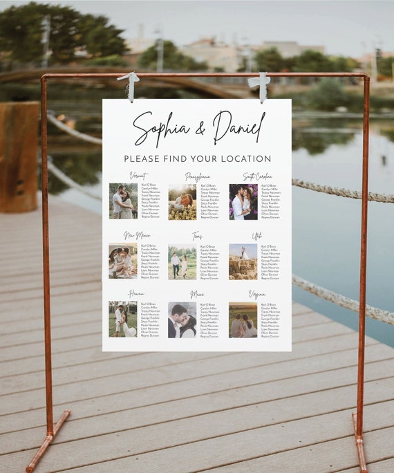 Modern Minimalist Wedding Seating Chart with Photos, Editable Template, Table Arrangement Sign, DIY Wedding Seating Sign, Photo Locations Il_570xn