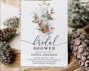 May include: A bridal shower invitation with a watercolor illustration of a wedding dress adorned with greenery, berries, and a pinecone. The invitation includes the text "Bridal Shower" and event details for Sophia Anderson.