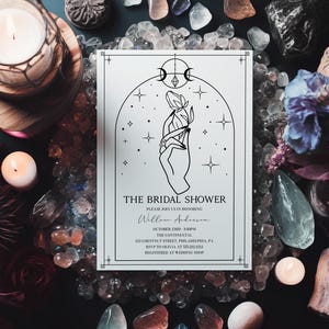 Modèle d'invitation de douche nuptiale de carte de tarot mystique, invitation de douche nuptiale d'Halloween, douche nuptiale céleste, sorcière, cristal, jusqu'à la mort