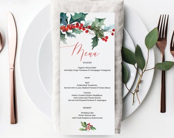Menu de Noël - menu des fêtes - menu imprimable - décoration de table de Noël rustique - menus de mariage d'hiver - téléchargement immédiat - houx