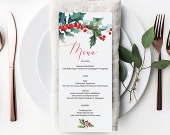 Menu di Natale - Menu festivo - Menu stampabile - Decorazioni rustiche per la tavola di Natale - Menu di nozze invernali - Download istantaneo - Agrifoglio