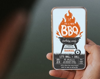 May include: A mobile phone screen displaying a birthday party invitation for a 40th BBQ. The invitation features a cartoon image of a grill with flames and the text "IT'S A 40TH BBQ birthday party CELEBRATING DANIEL LET'S GRILL + CHILL the Anderson's 123 Chestnut Street Philadelphia, PA 12345 Let us know how many burgers RSVP to Jane at 555.212.1212".