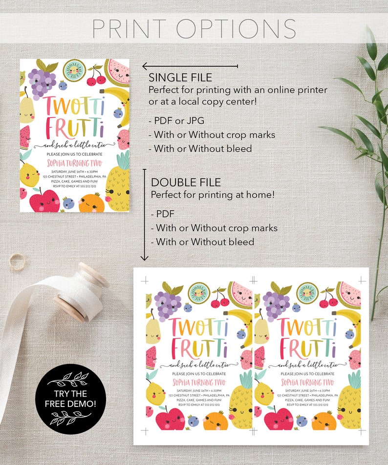 May include: Printable invitation for a child's birthday party with a fruit theme. The invitation features a colorful illustration of fruits with faces and the text "Twotti Frutti and such a little cutie". The invitation also includes the child's name, age, date, time, and location of the party.
