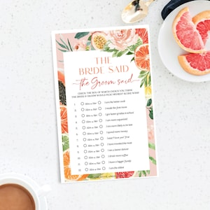 Tropical Citrus He Said She Said Game, Bachelorette Party Game, Bachelorette Game, Lemon Bridal Shower Game, Instant Download, Grapefruit