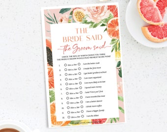 Tropical Citrus He Said She Said Game, Bachelorette Party Game, Bachelorette Game, Lemon Bridal Shower Game, Instant Download, Grapefruit