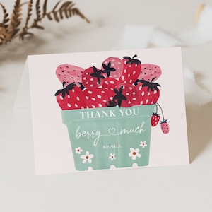 Danke Beere viel, Dankeskarten, Beere Süße Dankeskarten-Vorlage, Babyparty, 1.Geburtstag, gefaltet danke, Erdbeeren, Beere