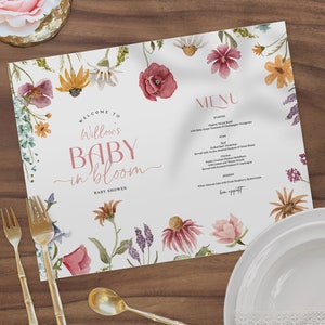 Placemat Template, Wildflower Field Printable Dinner Menu Template, Baby In Bloom, Printable Menu, Baby Shower Menu Placemat, Download, Cute