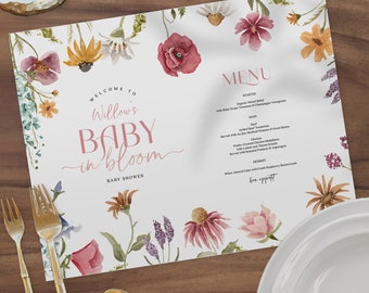 Placemat Template, Wildflower Field Printable Dinner Menu Template, Baby In Bloom, Printable Menu, Baby Shower Menu Placemat, Download, Cute