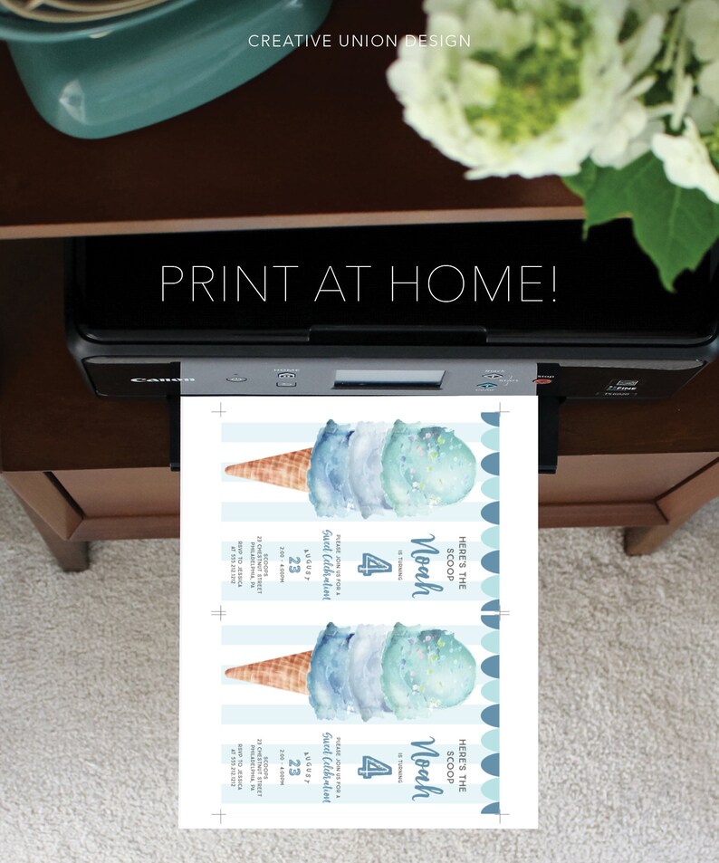 May include: A black Canon printer outputting a sheet of paper with two identical ice cream themed birthday invitations. The invitations feature a watercolor ice cream cone, blue stripes, and text reading: Here's the scoop, Noah is turning 4.