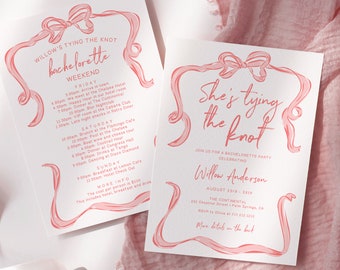 She's Tying the Knot Bachelorette Party Invitation and Itinerary Template, Pink Bow Bachelorette Weekend Invite, Classy Bachelorette Party