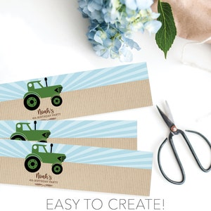 May include: Three rectangular labels with a green tractor graphic and the text "Noah's 4th Birthday Party". The labels have a light blue sunburst design and a tan textured section. The text "EASY TO CREATE!" is also visible.