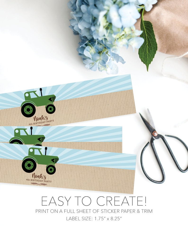 May include: Three rectangular labels with a green tractor graphic and the text "Noah's 4th Birthday Party". The labels have a light blue sunburst design and a tan textured section. The text "EASY TO CREATE!" is also visible.