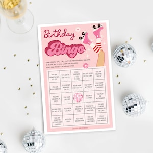 May include: Pink and white birthday bingo card with a retro design. The card features a girl on roller skates and the text "Birthday Bingo". The bingo squares contain phrases like "You are wearing nail polish", "You are an only child", "Your favorite pizza is", "You are from out of town", and "You are wearing black".