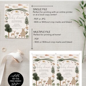 Peut inclure: Invitation de f&ecirc;te pr&eacute;natale imprimable sur le th&egrave;me de la for&ecirc;t. L'invitation pr&eacute;sente une illustration aquarelle d'une sc&egrave;ne de for&ecirc;t avec un ours, un cerf et un lapin. Le texte sur l'invitation indique "Veuillez vous joindre &agrave; nous pour une f&ecirc;te pr&eacute;natale".