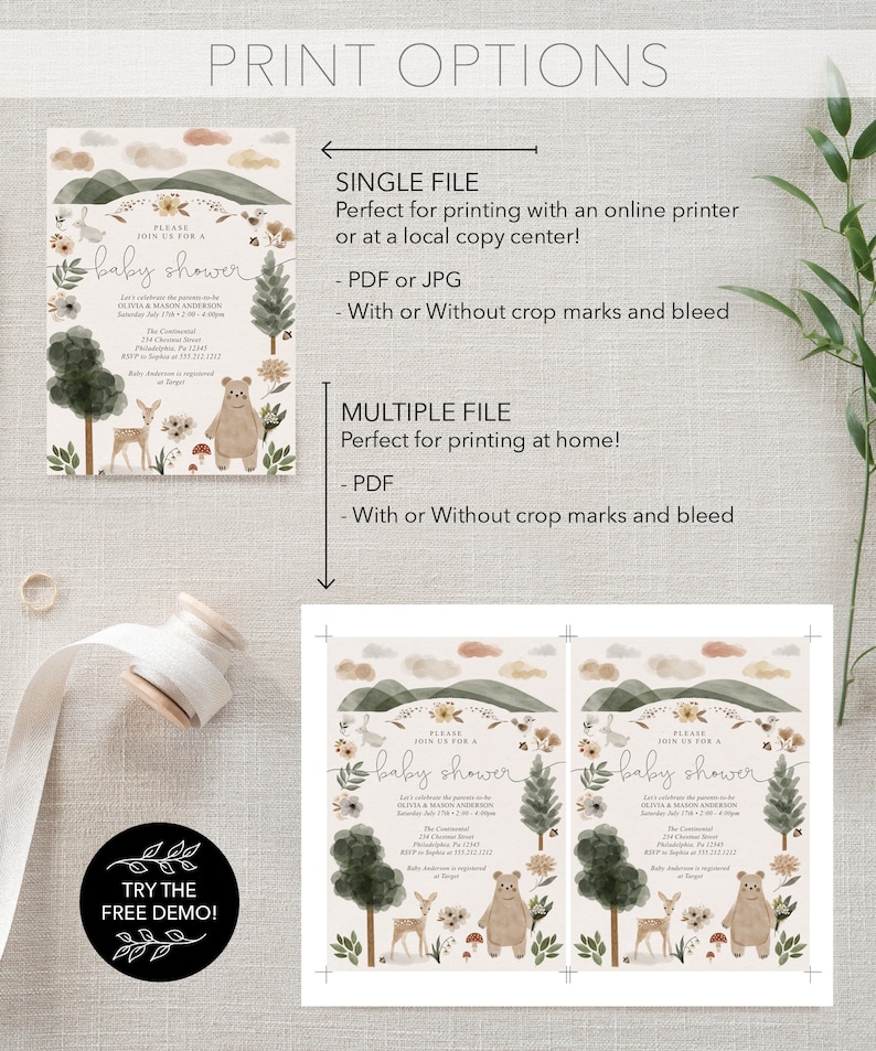 Peut inclure: Invitation de f&ecirc;te pr&eacute;natale imprimable sur le th&egrave;me de la for&ecirc;t. L'invitation pr&eacute;sente une illustration aquarelle d'une sc&egrave;ne de for&ecirc;t avec un ours, un cerf et un lapin. Le texte sur l'invitation indique "Veuillez vous joindre &agrave; nous pour une f&ecirc;te pr&eacute;natale".