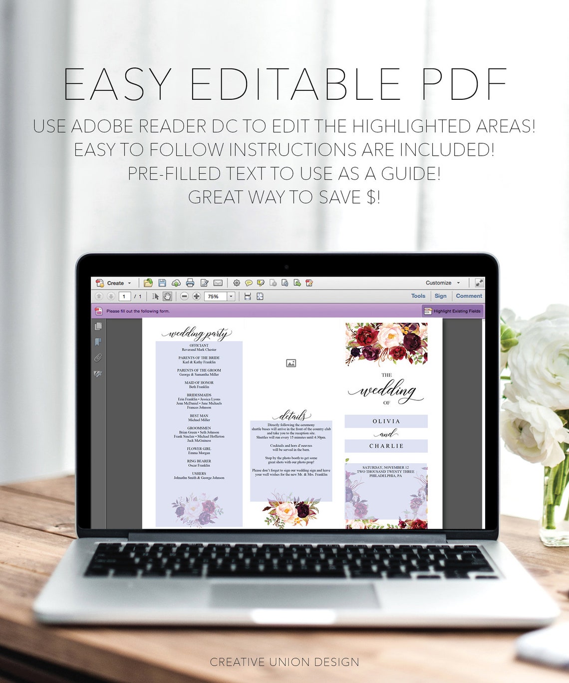 Trifold Wedding Program Template Wedding Program Folded - Etsy