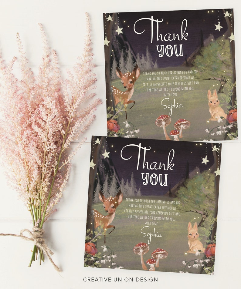 May include: Thank you card with a woodland theme. The card features a deer, a rabbit, mushrooms, and stars against a dark blue background. The text on the card reads "Thank you" and "Sophia".