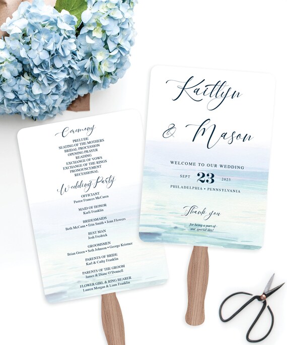Beach Wedding Program Fan - Printable Program Fan Template - Printable Destination Wedding Fan - Ceremony Programs - Wedding Programs - Sea Il_570xn
