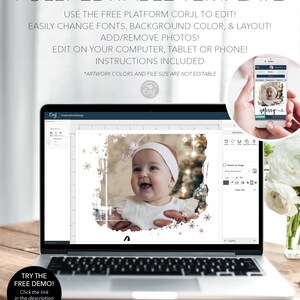 May include: A laptop displays a fully editable template with a baby photo and the text "Merry." The template allows users to change fonts, background color, and layout. The image also shows a phone displaying the template and the text "Try the Free Demo!"