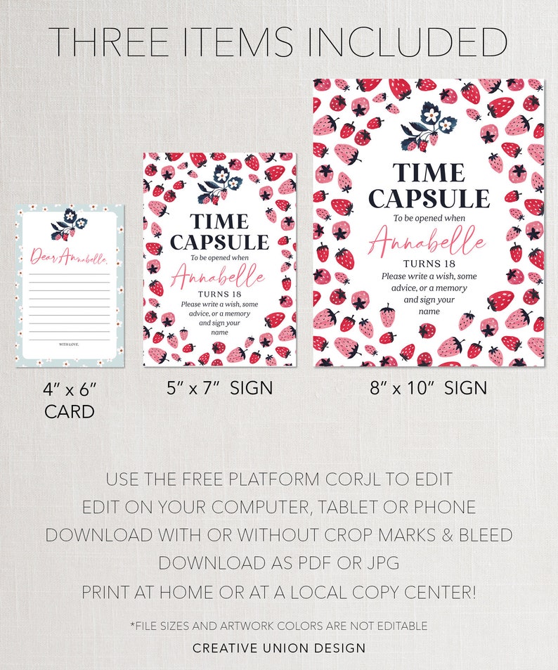 May include: Three printable signs for a time capsule party. The signs are white with a red strawberry pattern. The text on the signs reads "Time Capsule" and includes instructions for guests to write a wish, advice, or a memory for the person opening the capsule. The signs are 4x6 inches, 5x7 inches, and 8x10 inches.