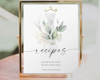Recipe Card Sign, Bridal Shower Decor, Printable Bridal Shower Recipe Sign, Leave Your Recipe Cards Here, Watercolor Greenery, Wedding Dress